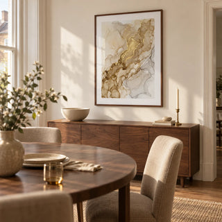 Abstract Gold Art Print, framed on the wall of a refined dining room in a renovated UK terrace with ivory walls and a round walnut dining table