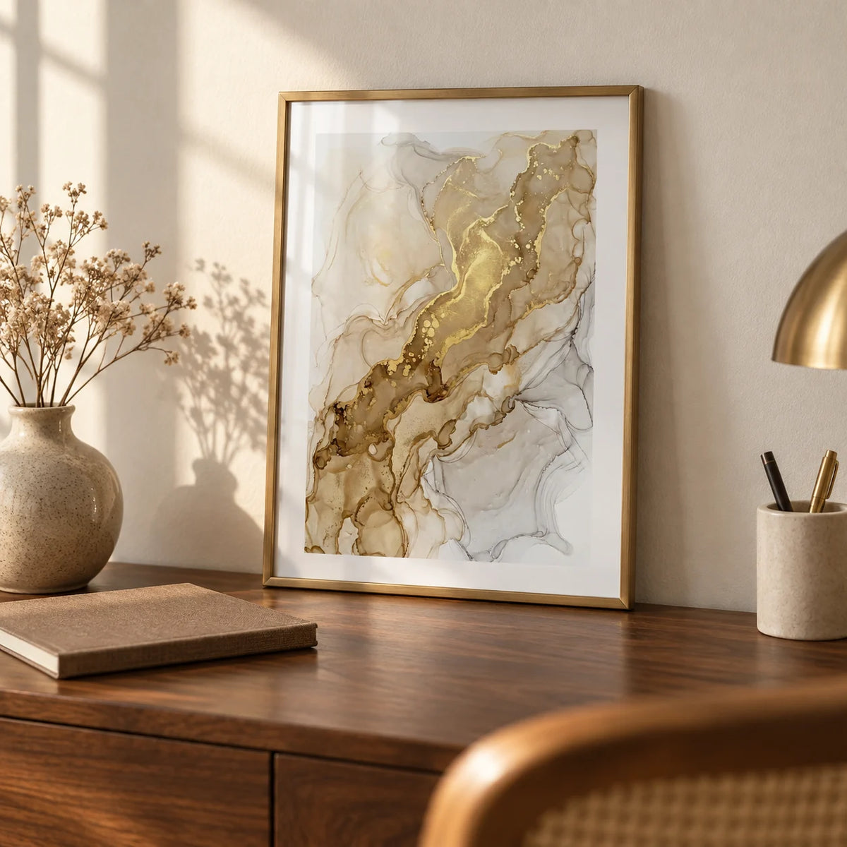 Abstract Gold Art Print, a small A4 framed print leaning on a walnut writing desk