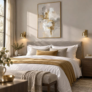 Abstract Gold Wall Art, framed on the wall of a boutique hotel style bedroom