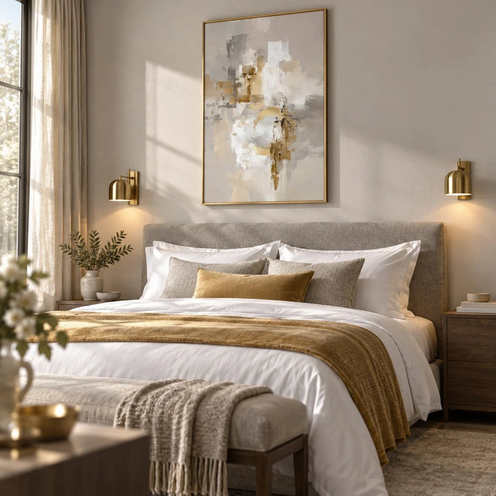 Abstract Gold Wall Art, framed on the wall of a boutique hotel style bedroom