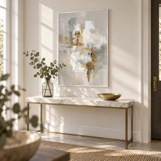 Abstract Gold Wall Art, framed on the wall of a bright entryway