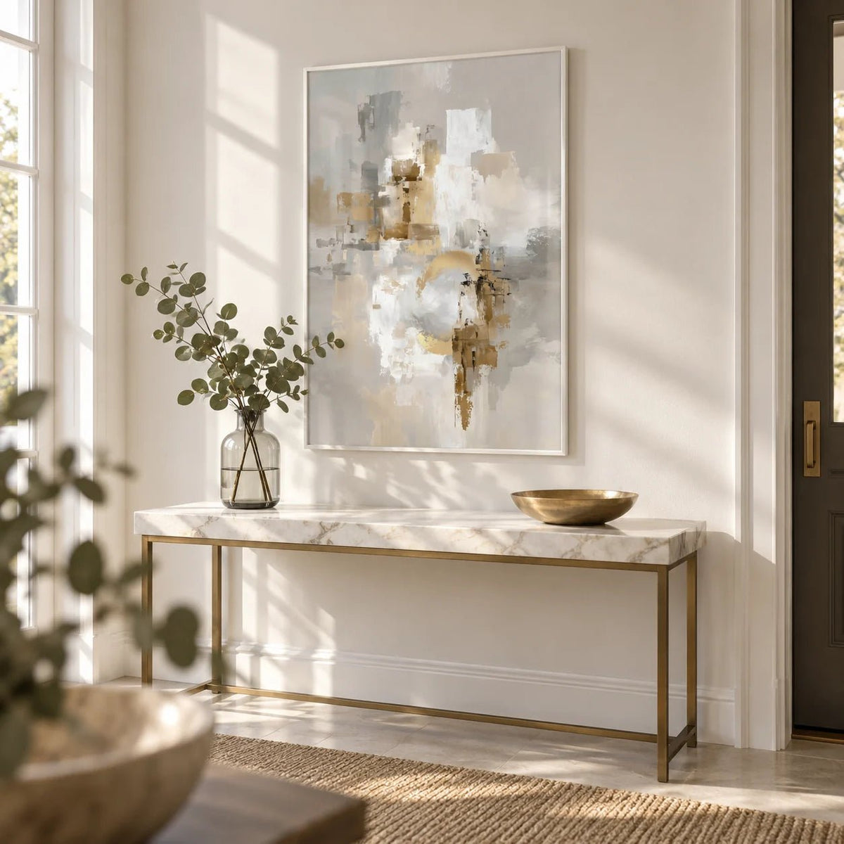 Abstract Gold Wall Art, framed on the wall of a bright entryway
