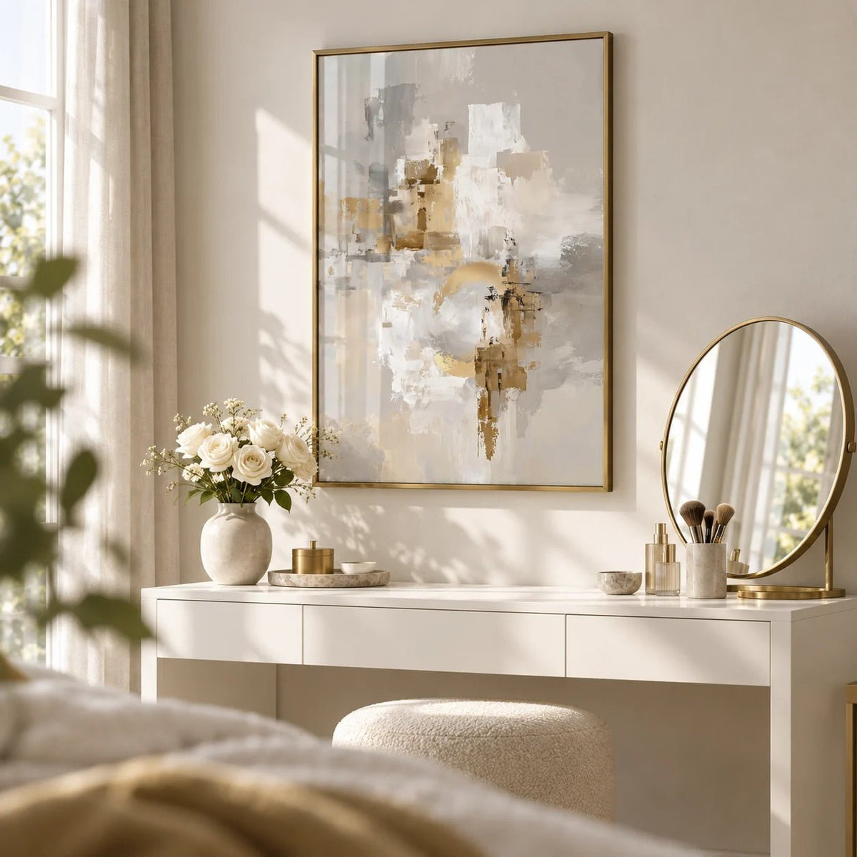 Abstract Gold Wall Art, framed on the wall of a calm dressing area
