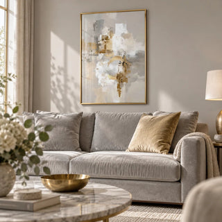 Abstract Gold Wall Art, framed on the wall of a elegant living room