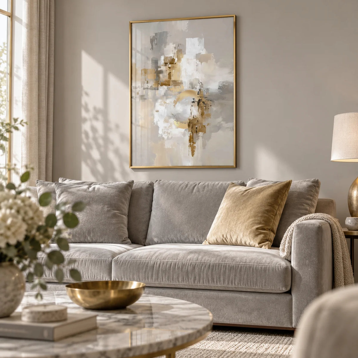 Abstract Gold Wall Art, framed on the wall of a elegant living room