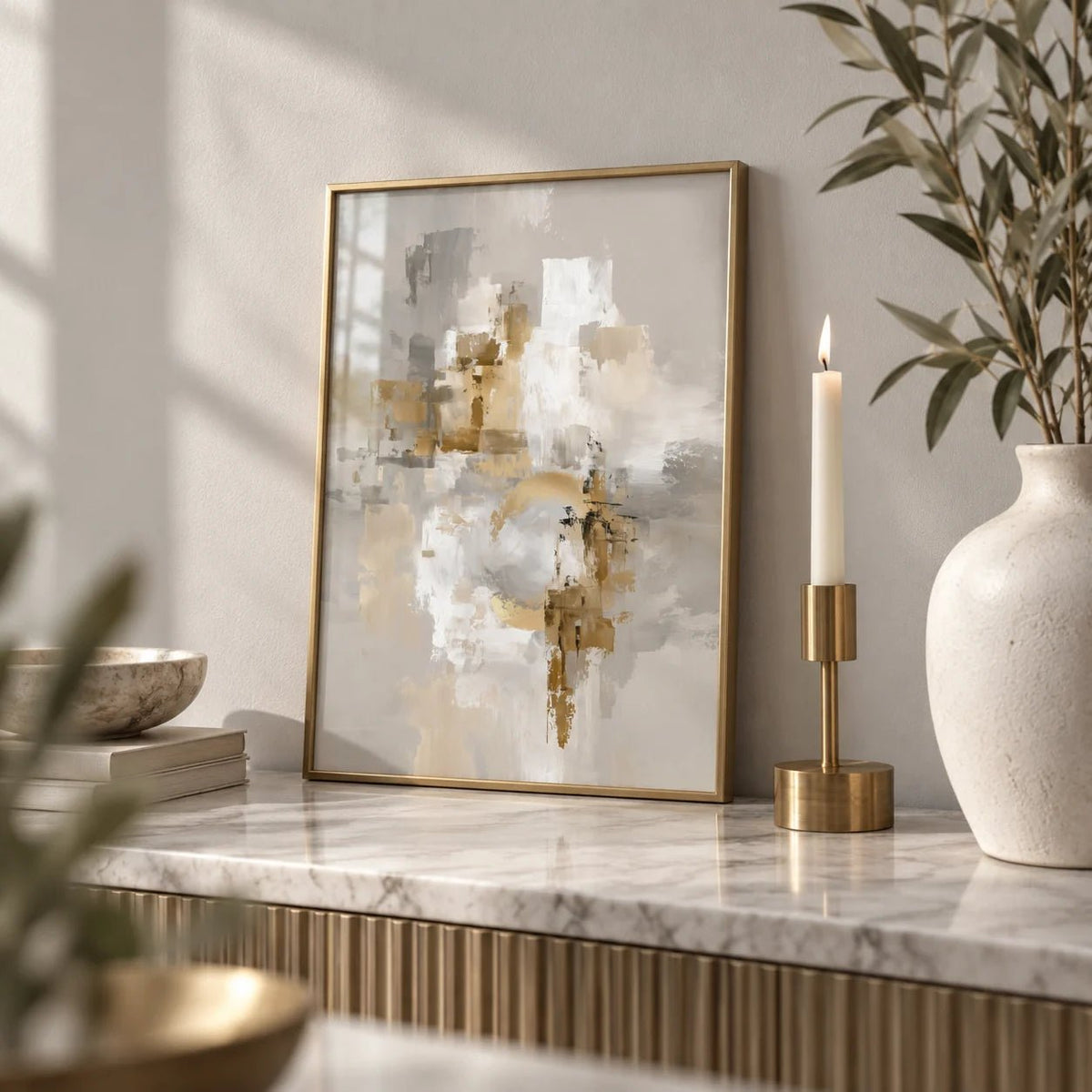 Abstract Gold Wall Art, a small A4 framed print leaning on a marble side table in a hallway