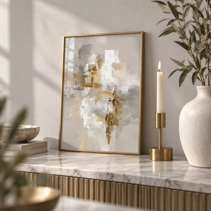 Abstract Gold Wall Art, a small A4 framed print leaning on a marble side table in a hallway