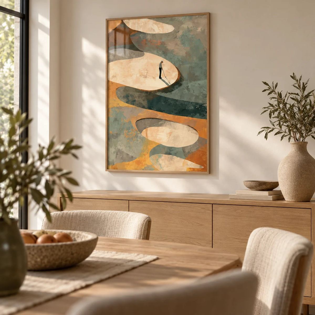 Abstract Golf Art Print, framed on the wall of a calm dining room