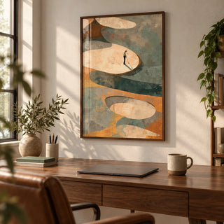 Abstract Golf Art Print, framed on the wall of a calm home office