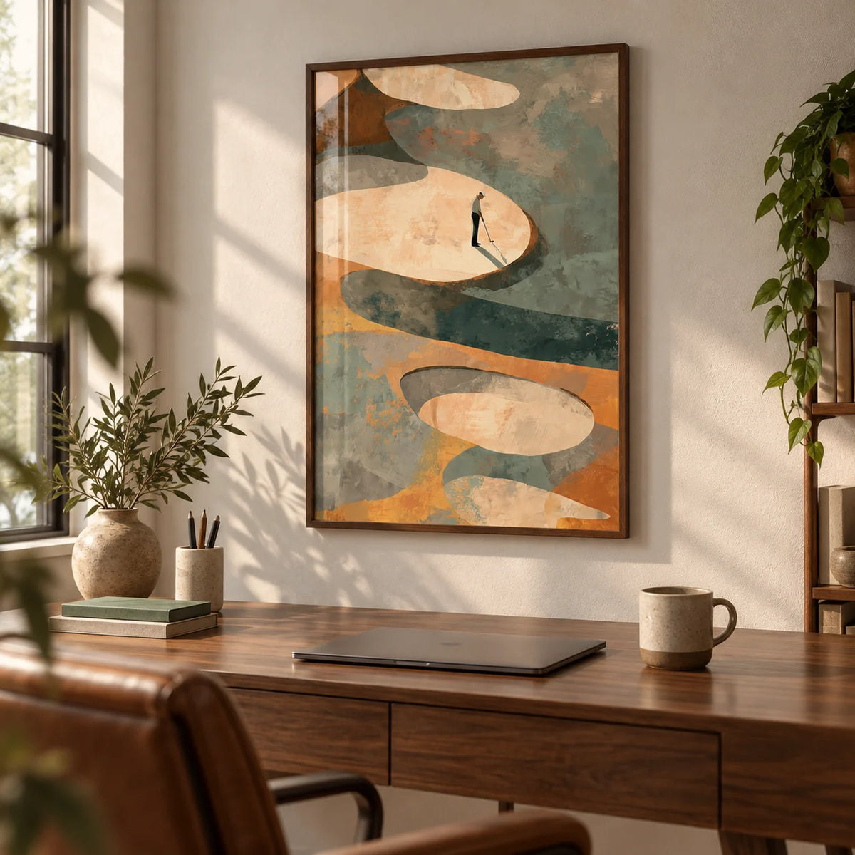 Abstract Golf Art Print, framed on the wall of a calm home office