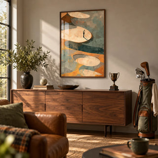 Abstract Golf Art Print, framed on the wall of a golfer's den in a living room
