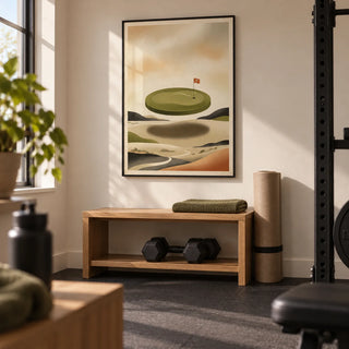 Abstract Golf Wall Art, framed on the wall of a compact home gym in a converted UK spare room with warm white walls and plain charcoal rubber flooring