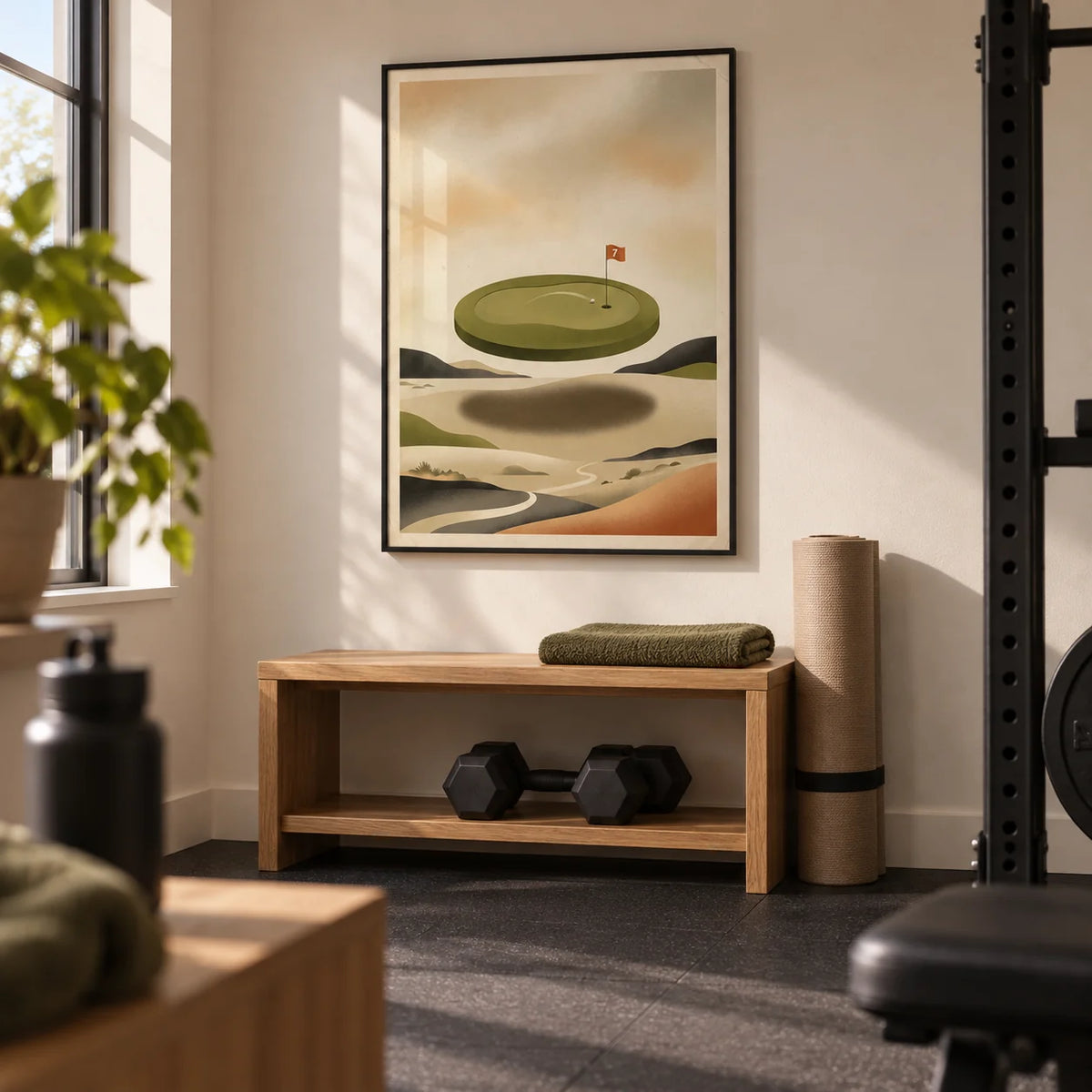 Abstract Golf Wall Art, framed on the wall of a compact home gym in a converted UK spare room with warm white walls and plain charcoal rubber flooring