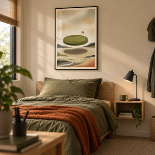 Abstract Golf Wall Art, framed on the wall of a considered single bedroom for a golf-loving university student (18-21)