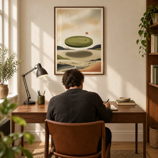 Abstract Golf Wall Art, framed on the wall of a contemporary home study in a UK terraced house with a warm ivory wall and oak floor