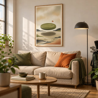 Abstract Golf Wall Art, framed on the wall of a relaxed modern living room in a young golf enthusiast's first flat (22-28)