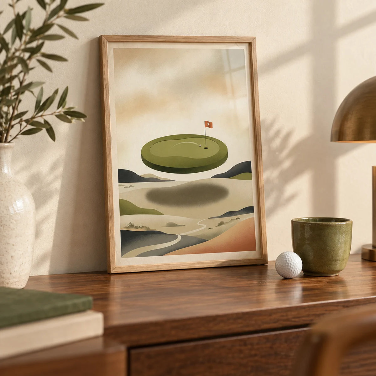 Abstract Golf Wall Art, a small A4 framed print leaning on a walnut desk