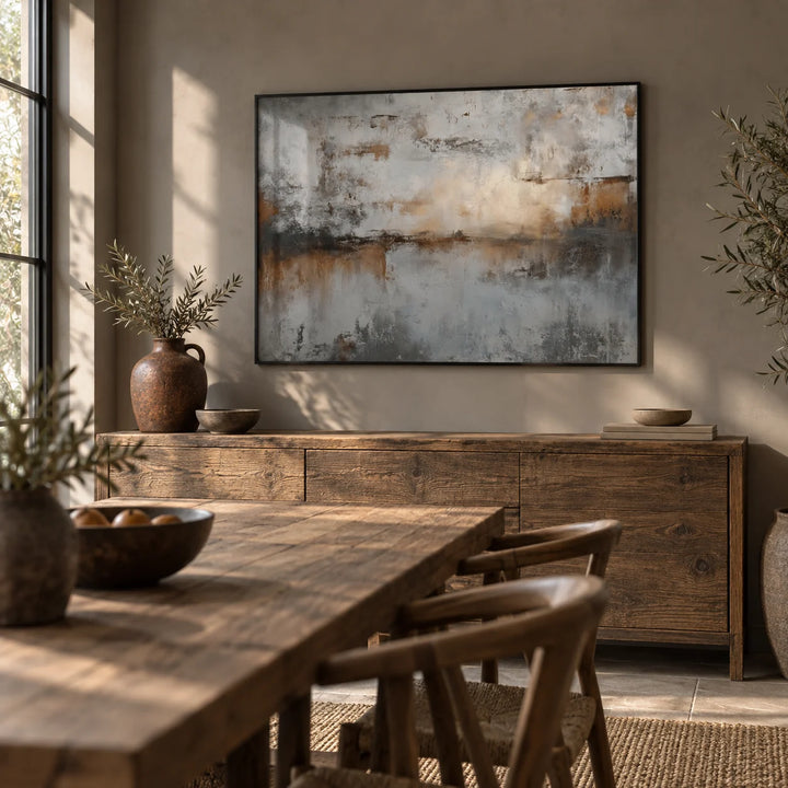 Abstract Gray Art Print, framed on the wall of a rustic-modern dining room with a warm grey wall