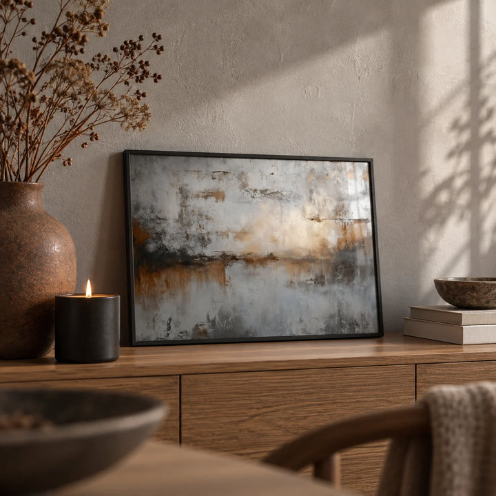 Abstract Gray Art Print, a small A4 framed print leaning on an oak sideboard in a living room