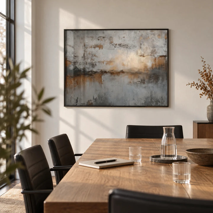 Abstract Gray Art Print, framed on the wall of a small business meeting room with a white wall