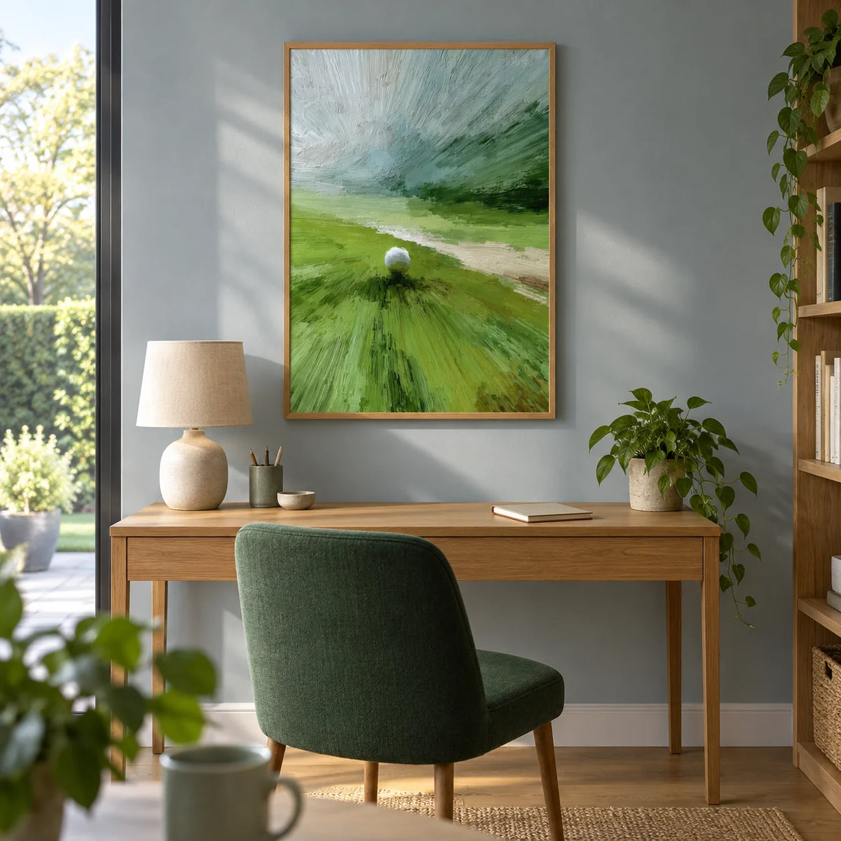 Abstract Green Wall Art, framed on the wall of a calm contemporary home study in a UK semi-detached house with a pale blue-grey wall and oak floor