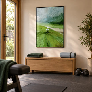 Abstract Green Wall Art, framed on the wall of a compact home gym in a converted UK garden room with warm white walls