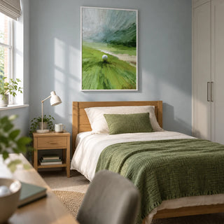 Abstract Green Wall Art, framed on the wall of a contemporary single bedroom for a golf-loving young adult (18-25) in a UK family home with pale blue-grey walls