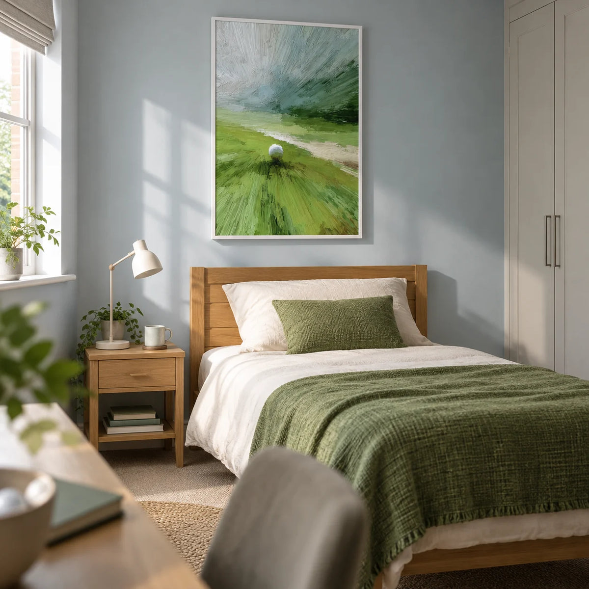 Abstract Green Wall Art, framed on the wall of a contemporary single bedroom for a golf-loving young adult (18-25) in a UK family home with pale blue-grey walls