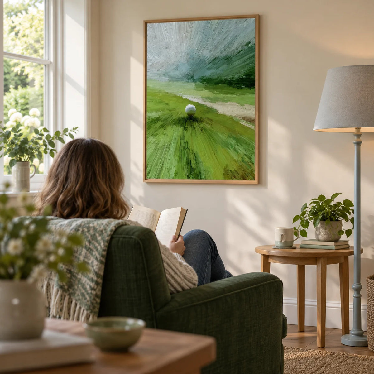 Abstract Green Wall Art, framed on the wall of a quiet garden-facing reading corner in a British family home with a soft cream wall in a living room