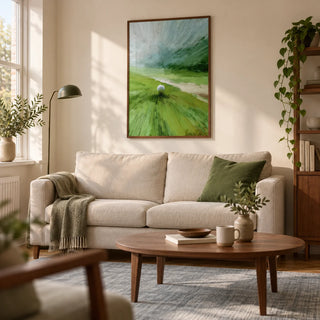 Abstract Green Wall Art, framed on the wall of a relaxed modern living room in a UK first home for a golf-loving couple (25-35)