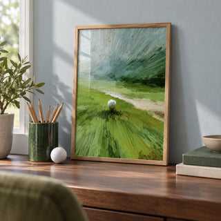Abstract Green Wall Art, a small A4 framed print leaning on a walnut desk