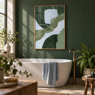 Abstract Green Wall Art, framed on the wall of a calm bathroom with a forest green painted wall