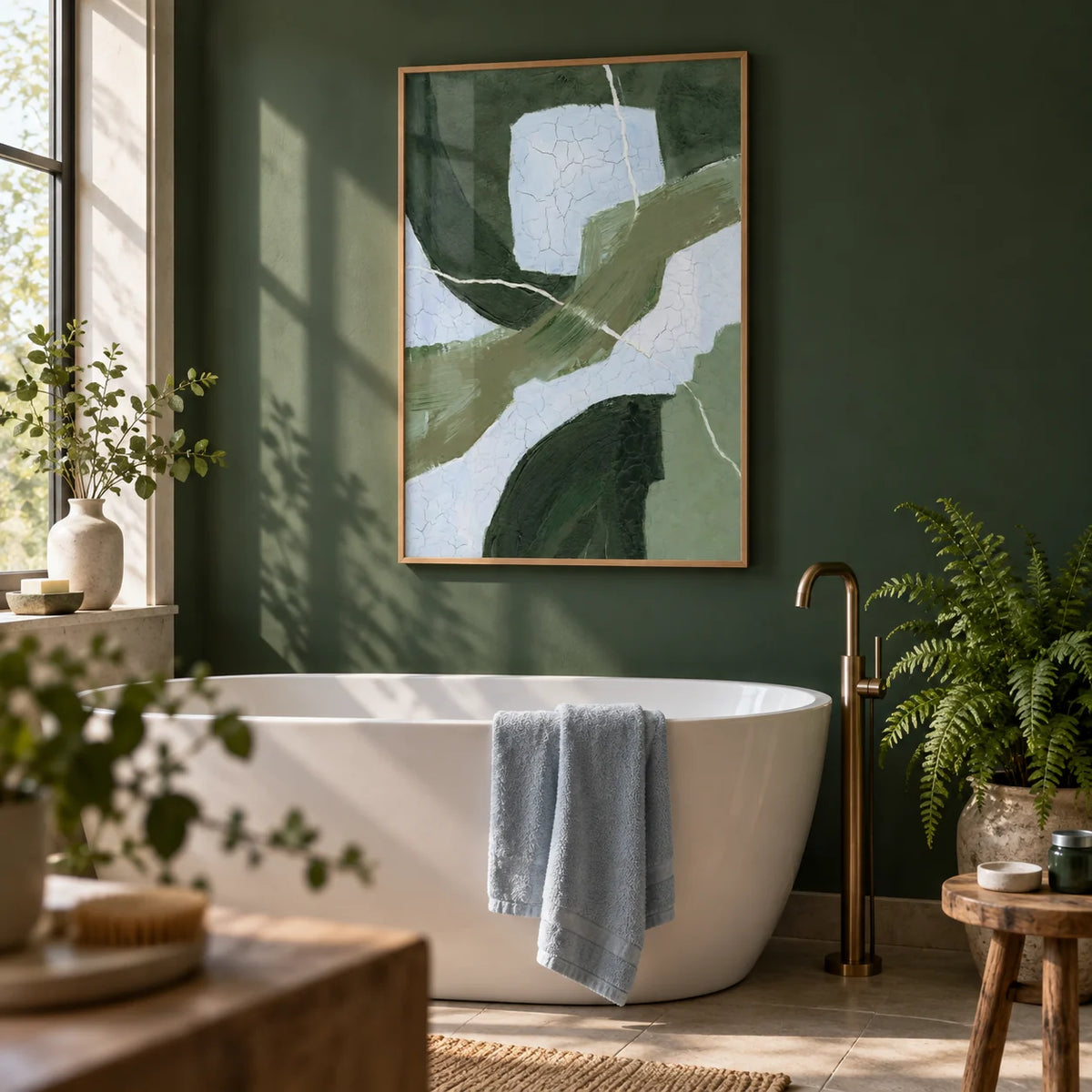 Abstract Green Wall Art, framed on the wall of a calm bathroom with a forest green painted wall