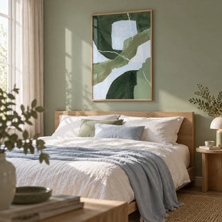 Abstract Green Wall Art, framed on the wall of a calm bedroom with a soft sage green wall