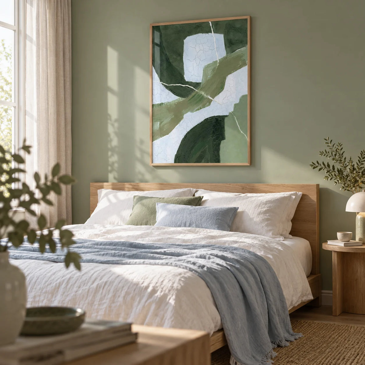 Abstract Green Wall Art, framed on the wall of a calm bedroom with a soft sage green wall