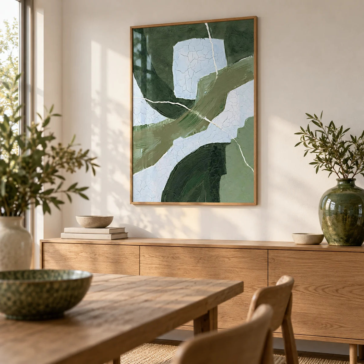 Abstract Green Wall Art, framed on the wall of a calm dining room with a warm white wall