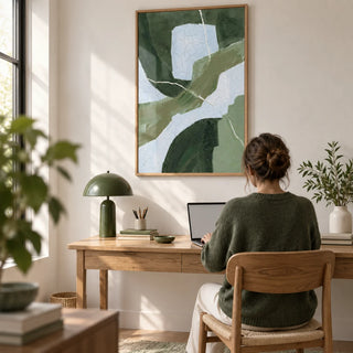 Abstract Green Wall Art, framed on the wall of a calm home office with a white wall