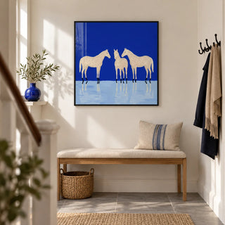 Abstract Horse Poster, framed on the wall of a bright entrance hallway in a renovated UK terrace with warm white walls and simple grey stone flooring