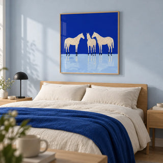 Abstract Horse Poster, framed on the wall of a calm contemporary bedroom with a pale blue painted wall and light oak furniture
