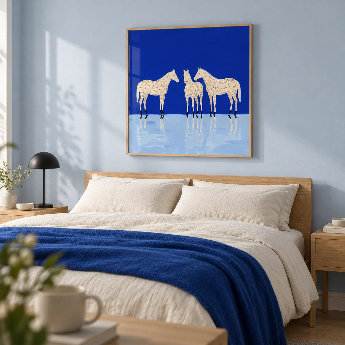 Abstract Horse Poster, framed on the wall of a calm contemporary bedroom with a pale blue painted wall and light oak furniture