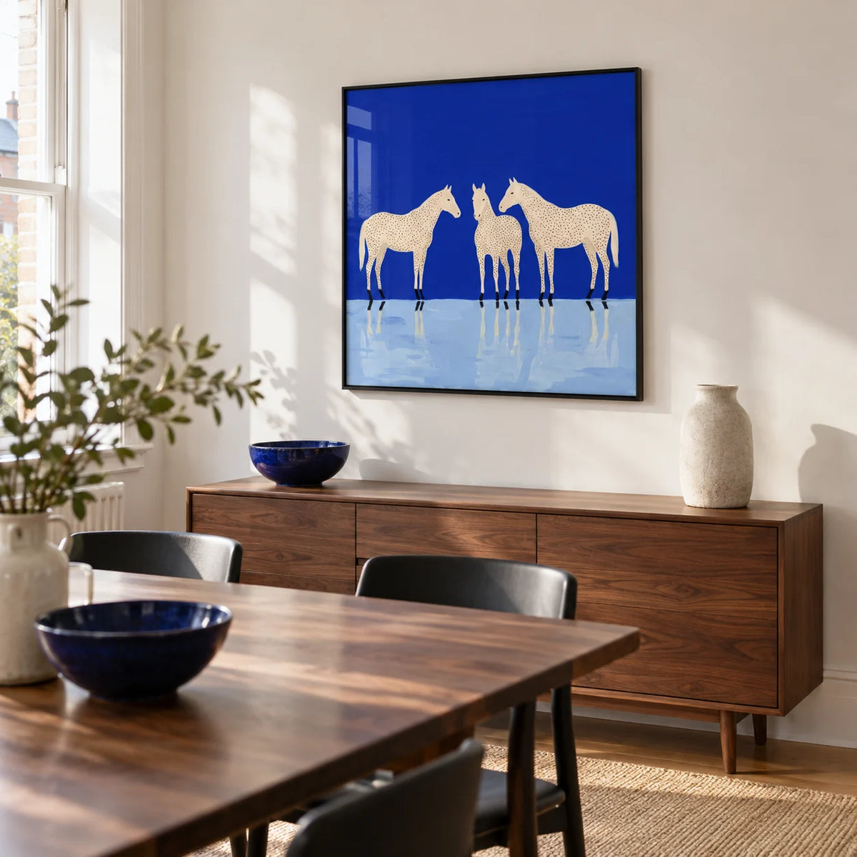 Abstract Horse Poster, framed on the wall of a design-led dining room in a UK terraced house with chalk white walls and a walnut dining table