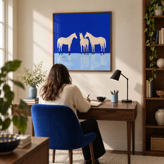 Abstract Horse Poster, framed on the wall of a modern home study with a warm white wall