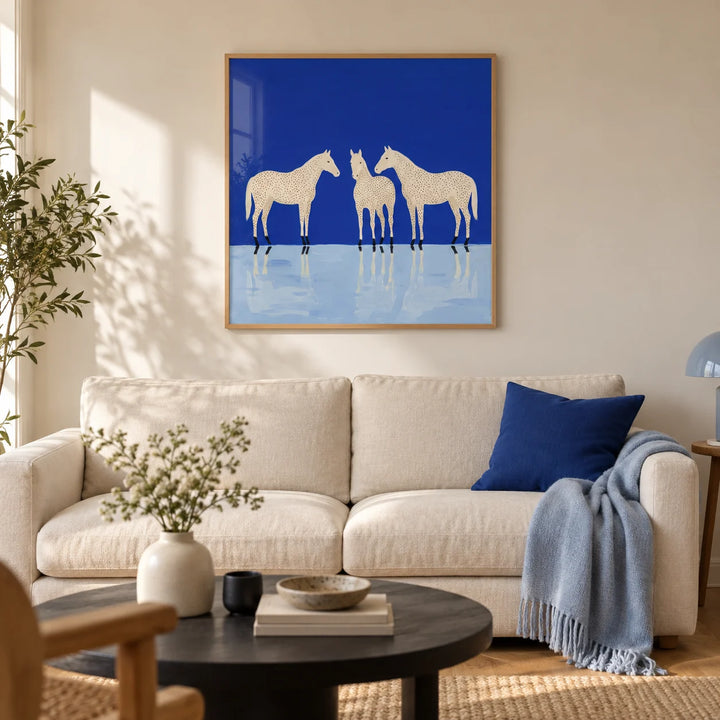 Abstract Horse Poster, framed on the wall of a modern living room in a UK first flat (22-28) with warm white walls