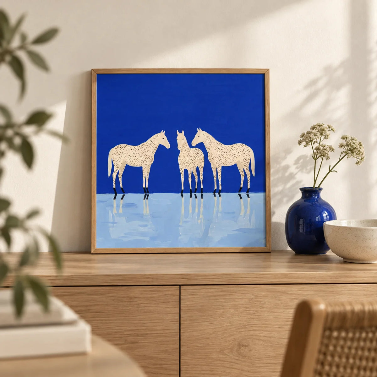 Abstract Horse Poster, a small A4 framed print leaning on a pale oak side table in a hallway