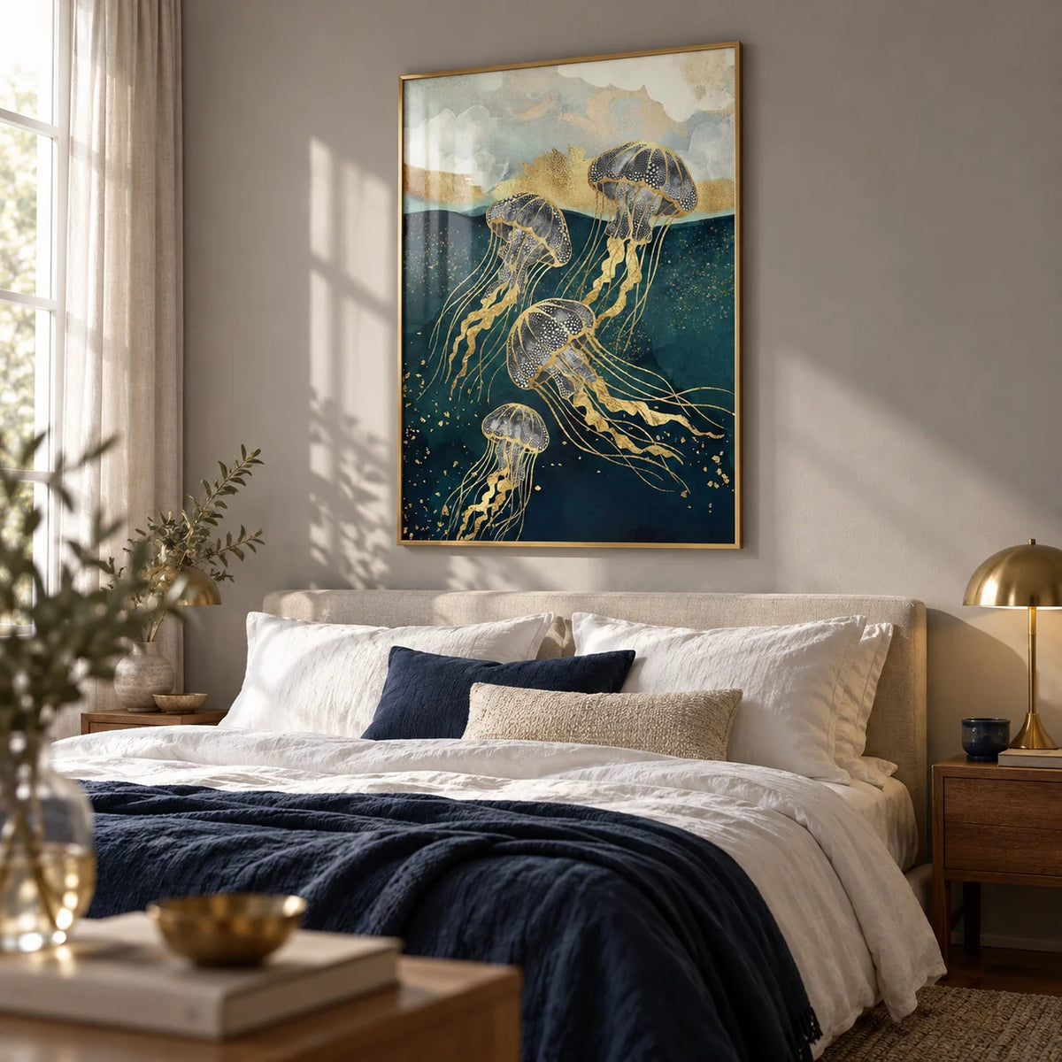 Abstract Jelly Fish Wall Art, framed on the wall of a calm bedroom with a soft grey wall