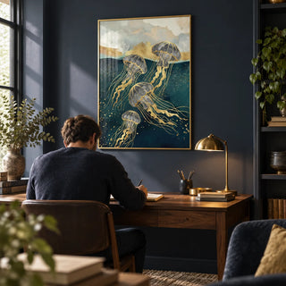 Abstract Jelly Fish Wall Art, framed on the wall of a calm study with a navy wall