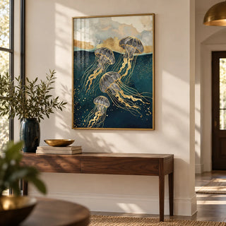 Abstract Jelly Fish Wall Art, framed on the wall of an elegant hallway with a warm white wall