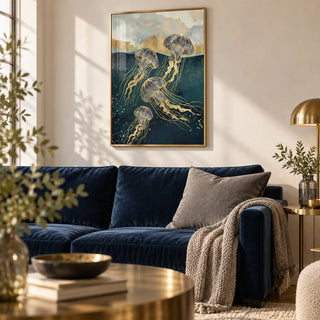Abstract Jelly Fish Wall Art, framed on the wall of an elegant living room with a warm white wall