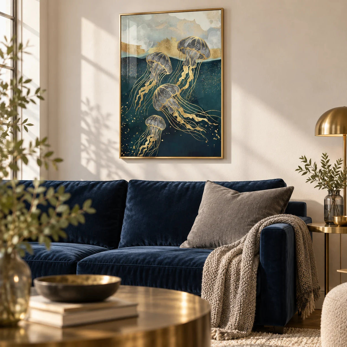 Abstract Jelly Fish Wall Art, framed on the wall of an elegant living room with a warm white wall