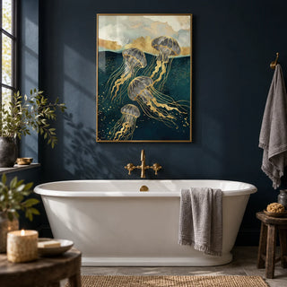 Abstract Jelly Fish Wall Art, framed on the wall of a moody bathroom with a deep navy painted wall